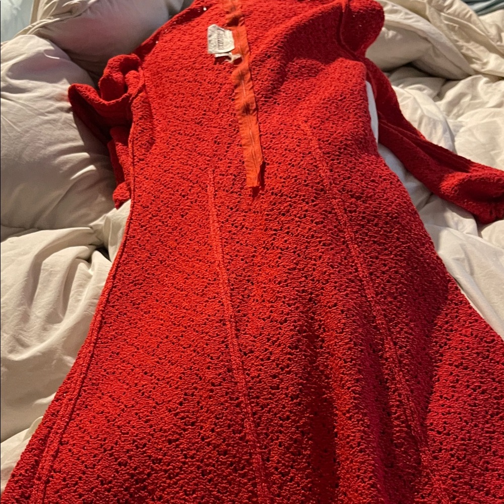 Gianna knit - vintage hand knit  Vibrant Red Textured long dress with flow flare